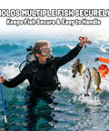 Scuba diver holding Fiberglass Hawaiian Sling Spearfishing Pole Set With 3 Replaceable Stainless Steel Tips in sea with fish catch