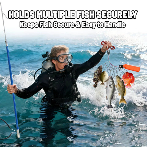 Scuba diver holding Fiberglass Hawaiian Sling Spearfishing Pole Set With 3 Replaceable Stainless Steel Tips in sea with fish catch