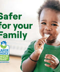 Child in green shirt eating with text 'Safer for your Family' and U.S. EPA Safer Choice badge in the background.