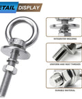Beefy Stainless Eye Bolts Set 8 Pack M8 Threaded Ring Eye Bolts With Nuts Washers And Spring Washers 5/16 Inch Diameter 2 Inch Long Thread 304 Stainless Steel For Hanging Lifting Tie Downs Outdoor Hardware Fixing, showing detailed view of molding, threads, and material.