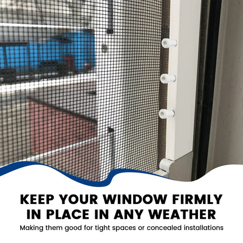 12 Pack Window Screen Plunger Latch Set With Aluminum Pins Springs And White Caps installed on a window frame for tight fit.
