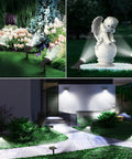Outdoor Solar Lights IP65 Waterproof Dusk Till Dawn Spotlight Kit With 3 Modes lighting garden, pathway, and sculpture at night.