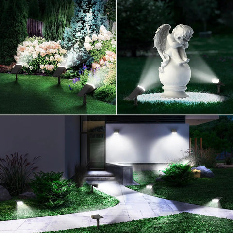 Outdoor Solar Lights IP65 Waterproof Dusk Till Dawn Spotlight Kit With 3 Modes lighting garden, pathway, and sculpture at night.