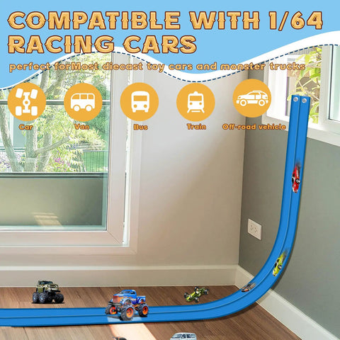 Race Car Track Starter Set With Flexible 15 Foot Ramp, Portable Ramp System shown on window and wall with diecast cars