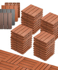 Interlocking Plastic Deck Tiles For Outdoor Spaces 36 Pieces 12x12 Inch Brown Waterproof All Weather Patio Tiles stacked and arranged