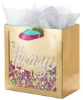 Medium Gift Bag With Tissue Paper And Hooray Confetti Design In Gold With Pink Teal Purple, 7.75 inch, for Bridal Showers, Graduations, Retirements