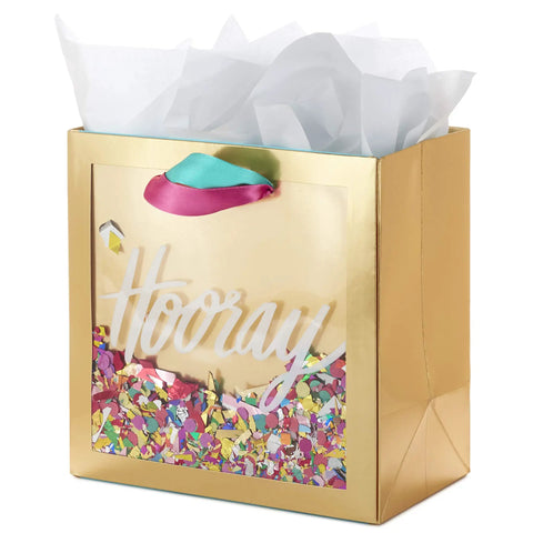 Medium Gift Bag With Tissue Paper And Hooray Confetti Design In Gold With Pink Teal Purple, 7.75 inch, for Bridal Showers, Graduations, Retirements
