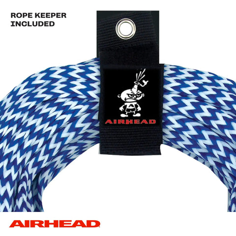 Coiled blue and white 75 Foot Water Ski Rope With Tractor Grip Handle, showing rope keeper with Airhead branding.