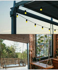 Outdoor string lights under a pergola, a wooden swing hanging from a porch, and an indoor swing seat near a window with plants.