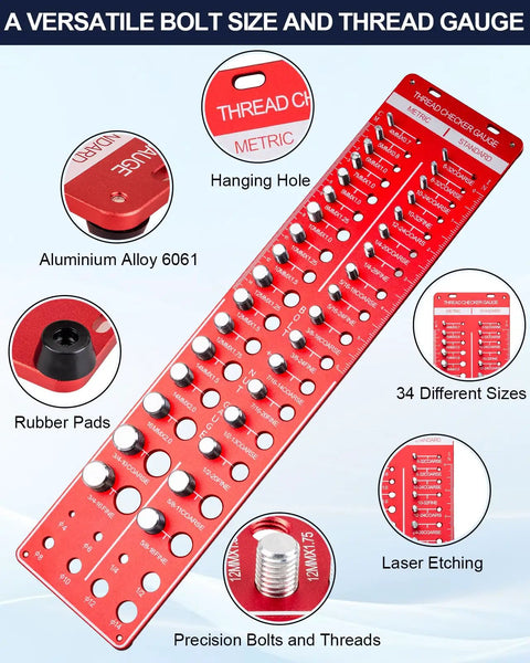 Thread Checker Kit For Bolts And Nuts With 42 Size Gauge, 19 Standard And 15 Metric Thread Gauges, Identibolt Drill Bit Gauge