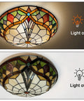 Tiffany Style 3 Light Ceiling Fixture, 16 Inch Stained Glass Flush Mount For Bedroom, Dining Room, colorful design light on and off