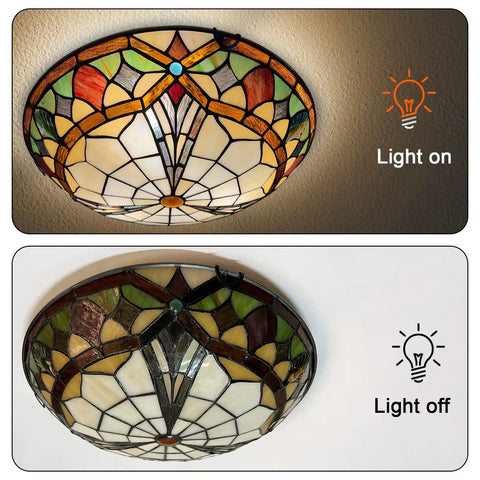 Tiffany Style 3 Light Ceiling Fixture, 16 Inch Stained Glass Flush Mount For Bedroom, Dining Room, colorful design light on and off