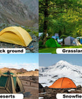 Tents set up in various terrains including rock ground, grassland, desert, and snowfield, illustrating camping versatility.