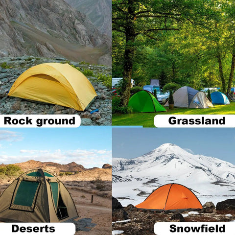 Tents set up in various terrains including rock ground, grassland, desert, and snowfield, illustrating camping versatility.