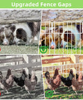 Comparison of fence gaps with and without the 10 Pack Animal Barrier Fence No Dig Fence Decorative Fences 17 Inch High By 10 Foot Long Rustproof Metal Garden Border For Dogs And Rabbits Bottom Blocker For Outdoor Yard Patio White, showing dogs and chickens.