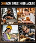 Various workers using 26dB work earbuds with noise canceling in different settings like construction and woodworking.