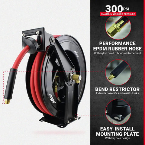 Tough Steel Dual Arm Air Hose Reel Boasting Smooth Auto Retractable Hookup and Crack Proof Epdm Rubber Tubing with Performance EPDM rubber hose.