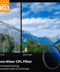 Image comparing No Filter and With Filter showing enhanced sky and landscape using 67mm Circular Polarizer Filter Ultra Slim Dope 18 Layer Multi Coated Optical Glass For Camera Lenses, Reduces Reflections, Boosts Color And Contrast, Perfect For Blue Sky And Water Shots, Includes Cleaning Cloth.