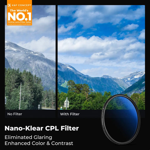 Image comparing No Filter and With Filter showing enhanced sky and landscape using 67mm Circular Polarizer Filter Ultra Slim Dope 18 Layer Multi Coated Optical Glass For Camera Lenses, Reduces Reflections, Boosts Color And Contrast, Perfect For Blue Sky And Water Shots, Includes Cleaning Cloth.