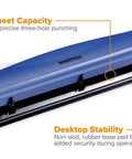 Office Premium 3 Hole Punch That Handles 12 Sheets, heavy duty metal body with rubber base for desk protection and stability.