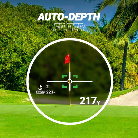 Series 4 Ultra Golf Rangefinder with Slope Switch Black displaying 223-yard distance to flag with slope of 2 degrees, green view