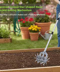 Rotary Cultivator For Your Garden With Adjustable Hand Tiller Detachable Solid Metal Tines 2 In 1 Manual Garden Cultivator For Loosening And Mixing Soil Great For Reseeding Grass 58 Inch Reach shown cultivating garden bed with efficient star-shaped head