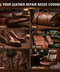 Top Shelf Brown Leather Repair Kit For Couches Car Seats And Furniture featuring a variety of brown leather items like bags, shoes, and jackets.