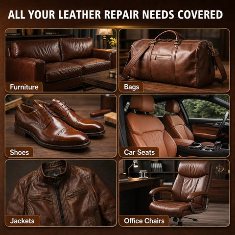Top Shelf Brown Leather Repair Kit For Couches Car Seats And Furniture featuring a variety of brown leather items like bags, shoes, and jackets.