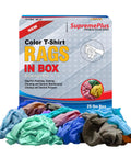 Cotton Color Knit Cleaning Cloths Bulk Pack for Workshops Mechanics Painters and Home Use shown with box and assorted rags