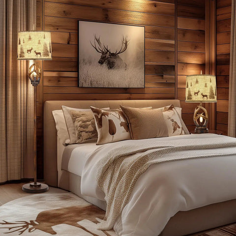 Rustic Farmhouse Antlers Floor Lamp With Nightlight, 63.5 Inch Tall Brown Finish next to a cozy bed in a wooden bedroom.