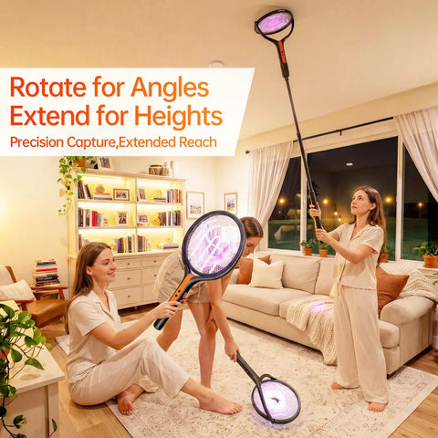 People using Three In One Rechargeable Electric Fly Swatter With 4200V Bug Zapper, Telescopic Extension, 360 Degree Rotating Head indoors.