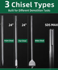 SDS Max 3 Piece Chisel Set Heavy Duty With 3 Inch Scaling Chisel, 1 Inch Flat Chisel, Point Chisel, 24 Inch Long Bits Displayed
