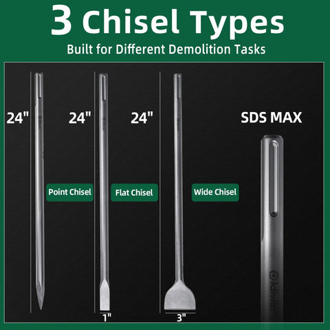 SDS Max 3 Piece Chisel Set Heavy Duty With 3 Inch Scaling Chisel, 1 Inch Flat Chisel, Point Chisel, 24 Inch Long Bits Displayed