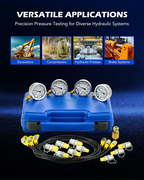 Heavy Duty Hydraulic Pressure Test Kit With Four Gauges 1300 3500 5500 9000 PSI Nine Test Couplings Quick Connector Three Hoses