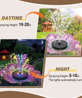 Day and night view of Solar Bird Bath Fountain With Colorful Lights Auto Cycle 3.5W Outdoor Garden Water Feature 2200mAh Battery