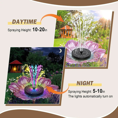 Day and night view of Solar Bird Bath Fountain With Colorful Lights Auto Cycle 3.5W Outdoor Garden Water Feature 2200mAh Battery