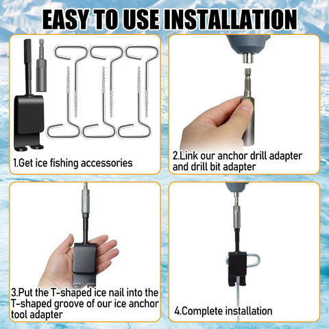 Steps to install Heavy Duty Ice Anchor Tool Kit For Ice Fishing Shelter Setup With Universal Drill Adapter Six Ice Tent Nails