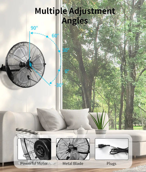 20 Inch High Velocity Wall Mount Fan With Three Speed Heavy Duty Beefy PSC Motor Easy Operation 270 Degree Tilting Metal Construction