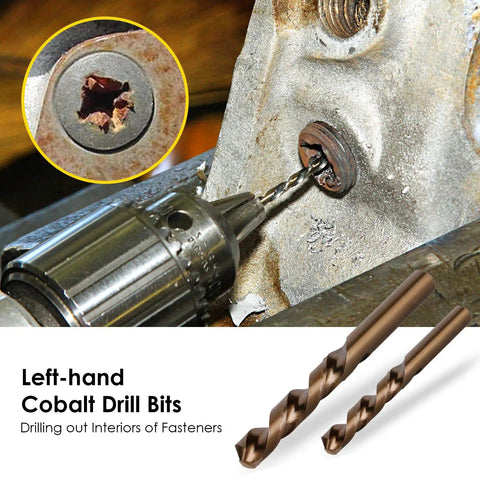 Left-hand cobalt drill bits from 49 Piece Screw Extractor And Drill Bit Set For Removing Broken Studs Bolts Socket Screws And Fittings in drill