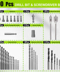 Ninety Piece Impact Driver Bit Set For Wood Metal And Masonry Drilling with nutdriver, drill bits, and hole saws organized in display.