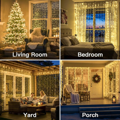 Warm White Curtain String Lights 300 LEDs 9.8x9.8 Ft plug in backdrop in living room, bedroom, yard, and porch settings.