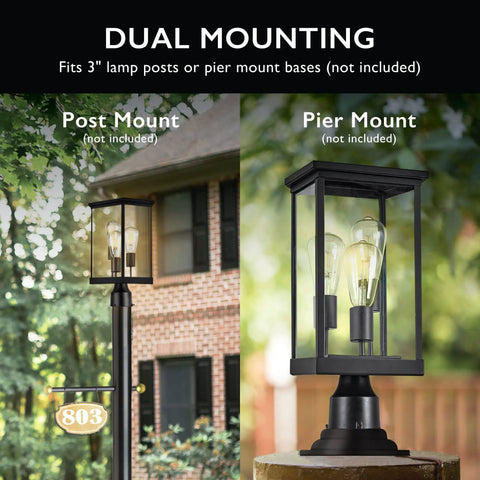 Outdoor Post Light With Clear Glass Panels In Sleek Black Finish Perfect For Patio Porch Driveway Garden And Walkways shown in post and pier mount options.