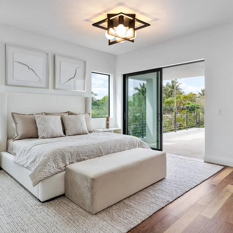 4 Light Industrial Ceiling Light In Matte Black With Open Frame Cage Design Semi Flush Mount Fixture Installed in Bedroom