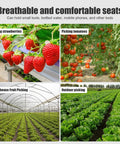 Collage of garden activities: strawberry and tomato picking, greenhouse fruit picking, outdoor lettuce fields.