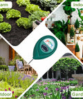 Super Handy No Guesswork 304 Stainless Steel Soil Moisture Meter, green, shown in farm, indoor, outdoor, and garden settings