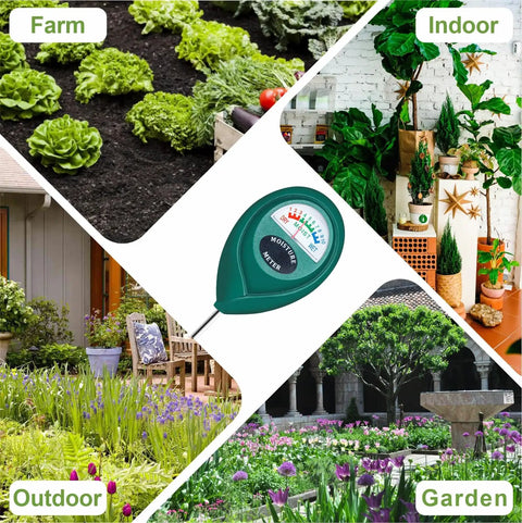 Super Handy No Guesswork 304 Stainless Steel Soil Moisture Meter, green, shown in farm, indoor, outdoor, and garden settings
