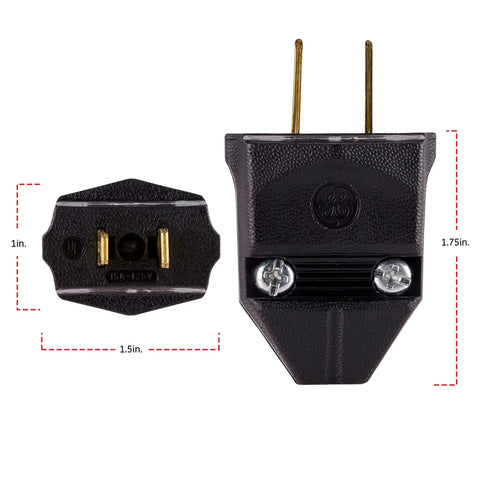 Polarized 2 Prong Extension Cord Plug Replacement For 125V 15A Small Appliances DIY Home Improvement Repair UL Listed Black shown with dimensions.