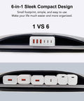 Compact GaN 100W USB C Charging Station Hub with 6 Ports next to multiple chargers showing size comparison in laptop bag.