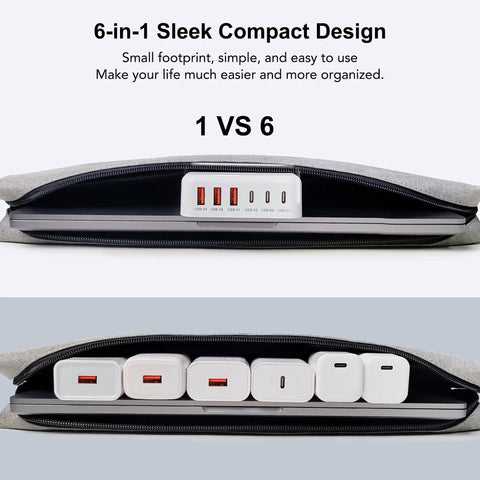 Compact GaN 100W USB C Charging Station Hub with 6 Ports next to multiple chargers showing size comparison in laptop bag.