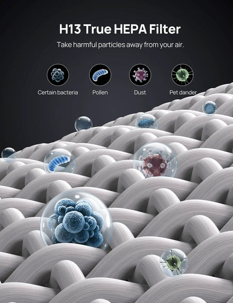 Micro particles like bacteria and pollen on a H13 True HEPA filter, part of Replacement Filter For Macro Max S Air Purifier 3 In 1 Ultra Fine Pre Filter With High Efficiency Activated Carbon Keeps Your Home Air Clean From Pet Hair Dust Smoke And Pollen For Fresher Indoor Air.
